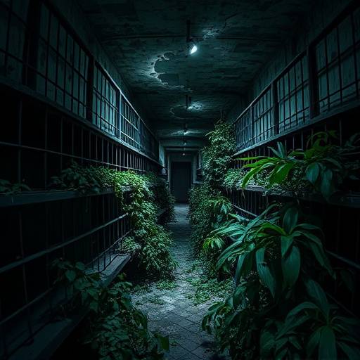 A cramped cell in Eastern State Penitentiary, USA, with peeling paint and overgrown vegetation creeping in.