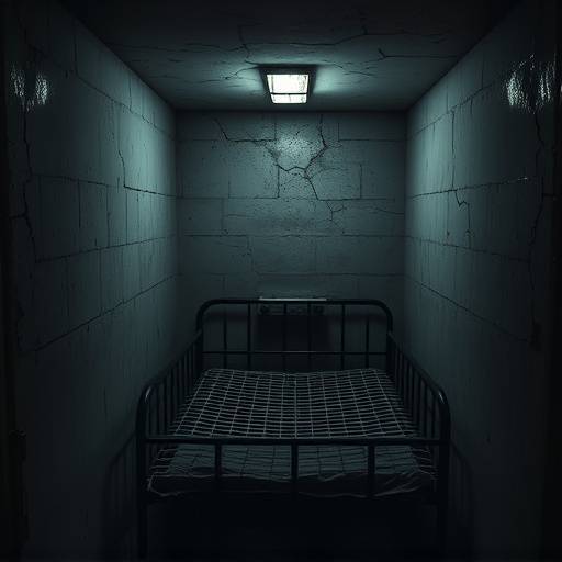 A dimly lit cell in Alcatraz Federal Penitentiary, showing a metal bed frame and cracked walls.