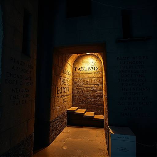 A stone cell in the Tower of London, England, with inscriptions etched into the walls by past prisoners.