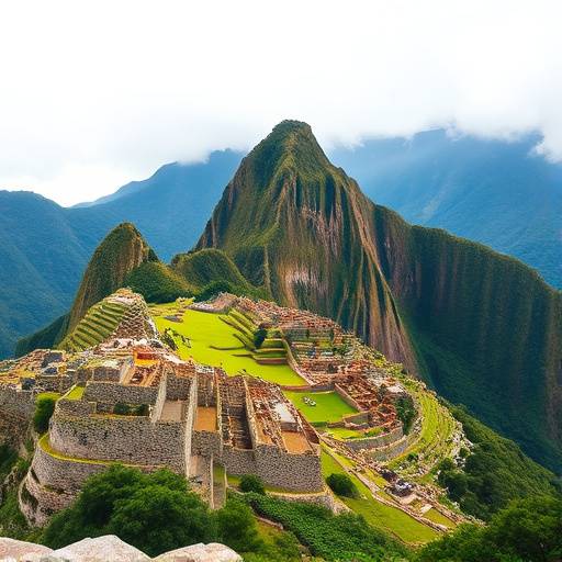 A view of Machu Picchu, Peru, with ancient stone structures on top of a mountain surrounded by green scenery.