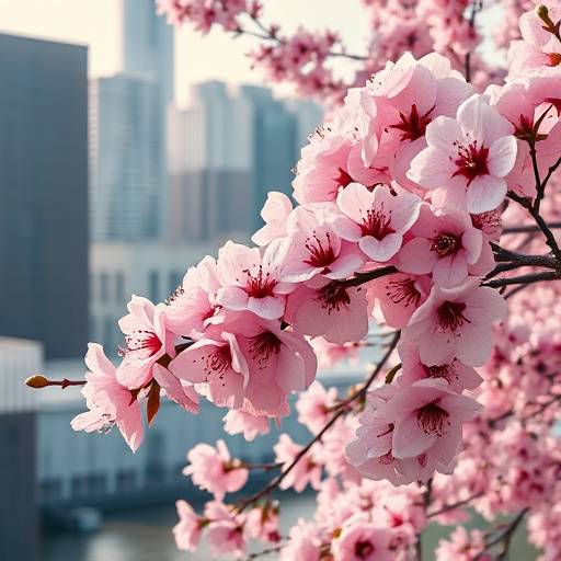 Picture of cherry blossoms at Tokyo, Japan, with city buildings in background.