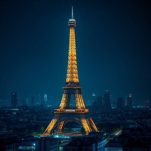 The Eiffel Tower illuminated at night, overlooking the city of Paris, France.