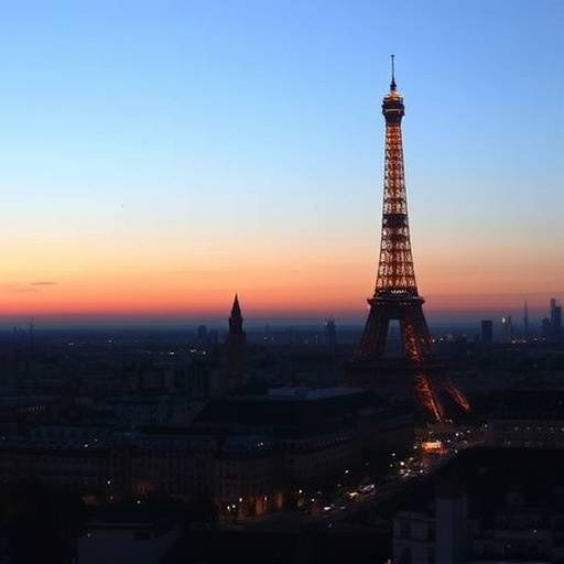 The iconic Eiffel Tower rising above the Parisian skyline, illuminated at dusk.